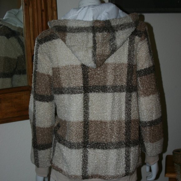 Khaki Plaid Print  Fleece Hoodie Jacket NWOT - Picture 4 of 5